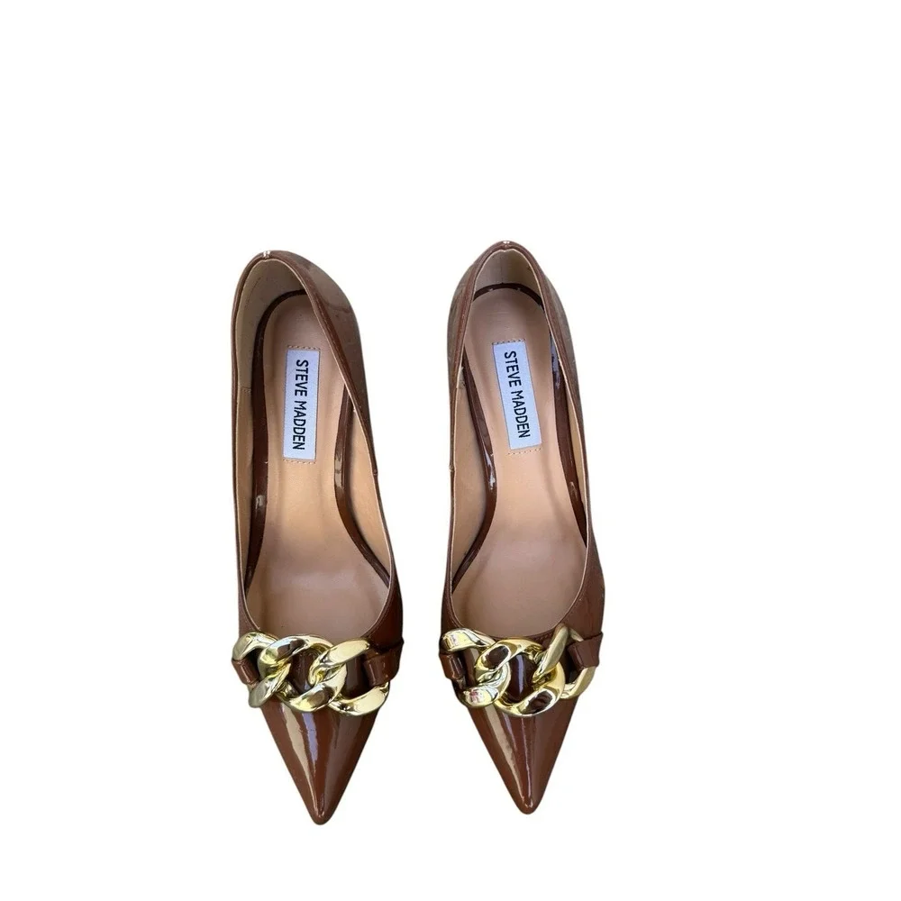 Steve Madden Zilday Brown Patent Pointed Toe Gold Chain Stiletto Pumps 6.5